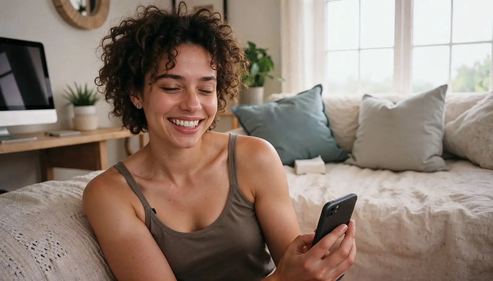 Mulher sorrindo enquanto usa o celular para simular crédito